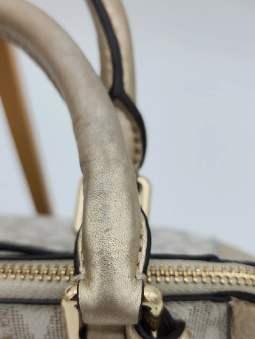 Michael Kors Metallic Gold Logo Satchel with Beige Paneling
